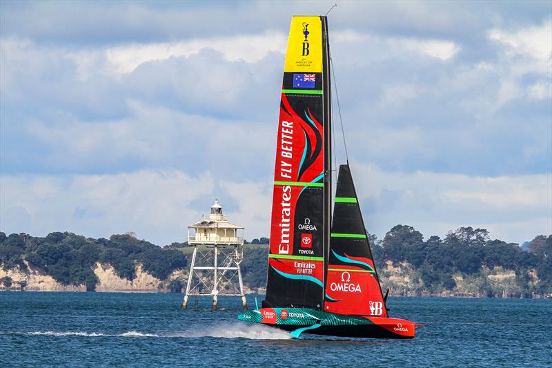 Emirates Team New Zealand pass the iconic Bean Rock lighthouse at the entrance to the inner Waitemata Harbour - March 28, 2023 - photo © Richard Gladwell - Sail-World.com/nz
