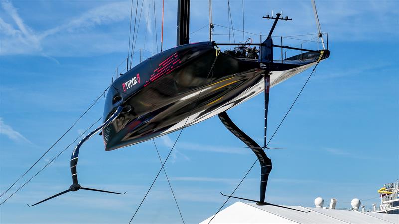 Kiwi wingfoils to starboard, American Magics' to port - Alinghi Red Bull Racing - AC75  - Day 59 - May 3, 2023 - Barcelona - photo © Alex Carabi / America's Cup