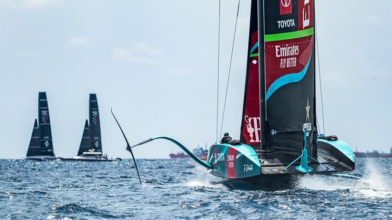 Emirates Team NZ - Day 32 - Barcelona - August, 8 2023 - with American Magic's two AC40s photo copyright Job Vermeulen / America's Cup taken at Royal New Zealand Yacht Squadron and featuring the AC75 class