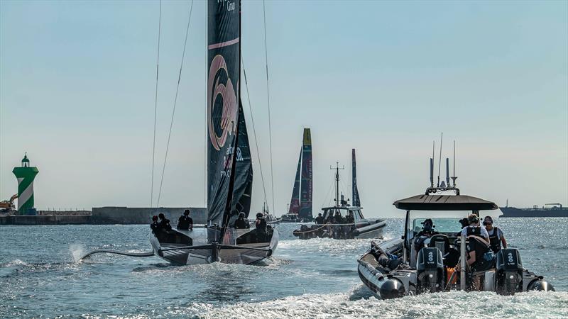 Alinghi Red Bull Racing, Emirates Team New Zealand and INEOS Britannia at the entrance to Port Vell  - AC75 and AC40 - Barcelona - October 3, 2023 - photo © Paul Todd/America's Cup