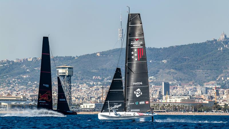 Alinghi Red Bull Racing (AC75) - crosses American Magic (AC40)  - Day 91 - Barcelona - October 10, 2023 photo copyright Paul Todd/America's Cup taken at Real Club Nautico de Barcelona and featuring the AC75 class