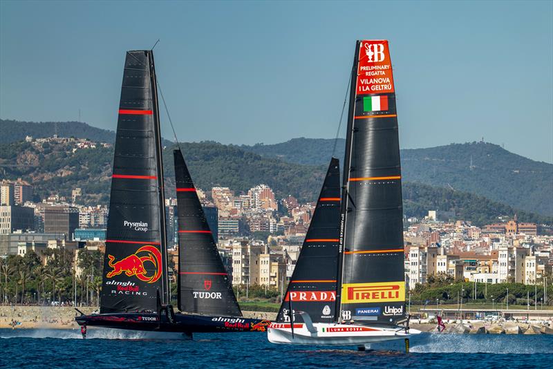 Alinghi Red Bull Racing - AC75 and Luna Rossa (AC40) - Day 92 - Barcelona - October 11, 2023 photo copyright Paul Todd/America's Cup taken at Real Club Nautico de Barcelona and featuring the AC75 class
