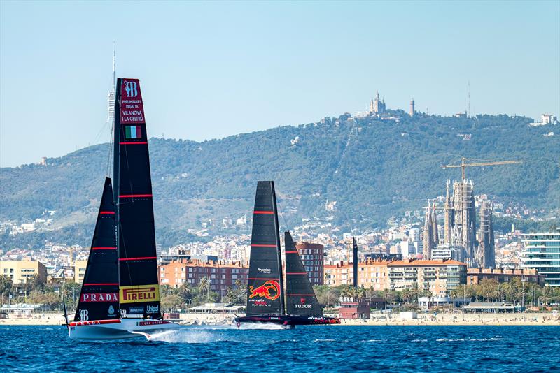 Luna Rossa (AC40)  and Alinghi Red Bull Racing - AC75 - Day 92 - Barcelona - October 11, 2023 - photo © Paul Todd/America's Cup