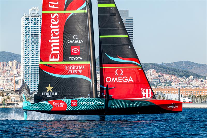 Emirates Team New Zealand - AC75 - Day 47 - Barcelona - October 11, 2023 photo copyright Ugo Fonolla / America's Cup taken at Real Club Nautico de Barcelona and featuring the AC75 class