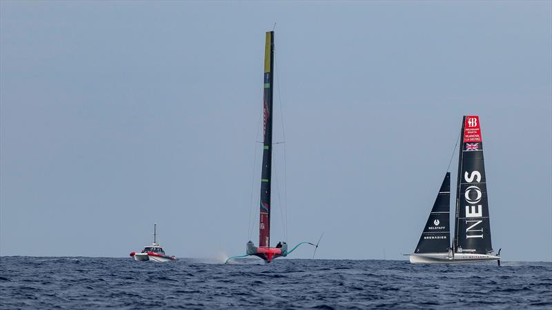 INEOS Britannia and Emirates Team New Zealand - AC75 - Day 49 - Barcelona - October 17, 2023 photo copyright Ugo Fonolla / America's Cup taken at Real Club Nautico de Barcelona and featuring the AC75 class