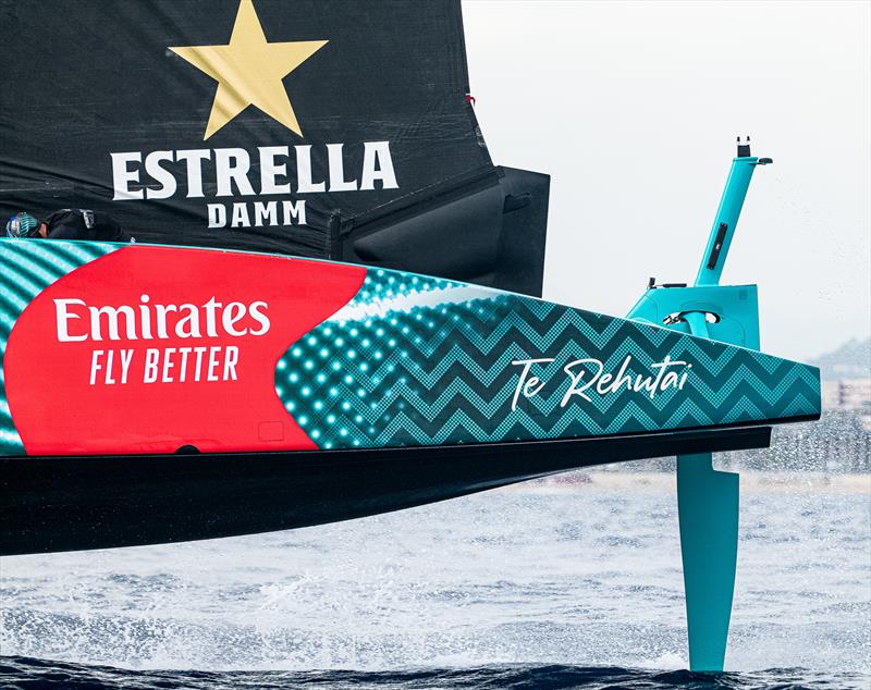 Mainsail clew is aerodynamically smoothed  and rudder/box close up - Emirates Team New Zealand - AC75 - Day 49 - Barcelona - October 17, 2023 photo copyright Ugo Fonolla / America's Cup taken at Real Club Nautico de Barcelona and featuring the AC75 class