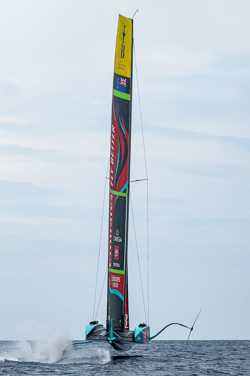 Upwash issues are evident  in the AC75 rig - Emirates Team New Zealand - AC75 - Day 49 - Barcelona - October 17, 2023 photo copyright Ugo Fonolla / America's Cup taken at Real Club Nautico de Barcelona and featuring the AC75 class