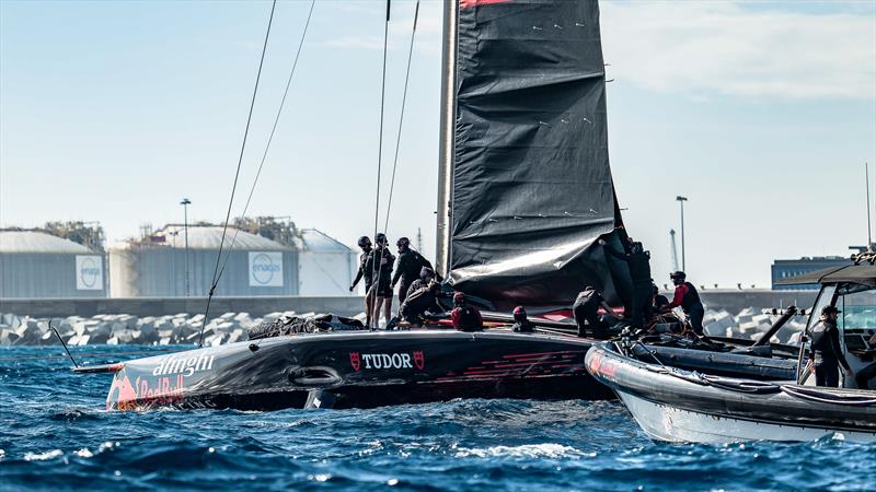 The former Te Aihe's bow shape is very different  from ETNZ's second AC75 form the 2021 Cup in Auckland. Alinghi Red Bull Racing - AC75 - Day 95 - Barcelona - October 18, 2023 photo copyright Paul Todd/America's Cup taken at Real Club Nautico de Barcelona and featuring the AC75 class