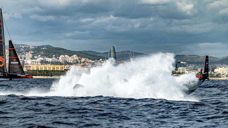 The Barcelona seastate is a challenge for the chase boats - yet the AC75s handle it with ease - mosty of the time. Alinghi Red Bull Racing - AC75 - Day 95 - Barcelona - October 18, 2023 - photo © Paul Todd/America's Cup