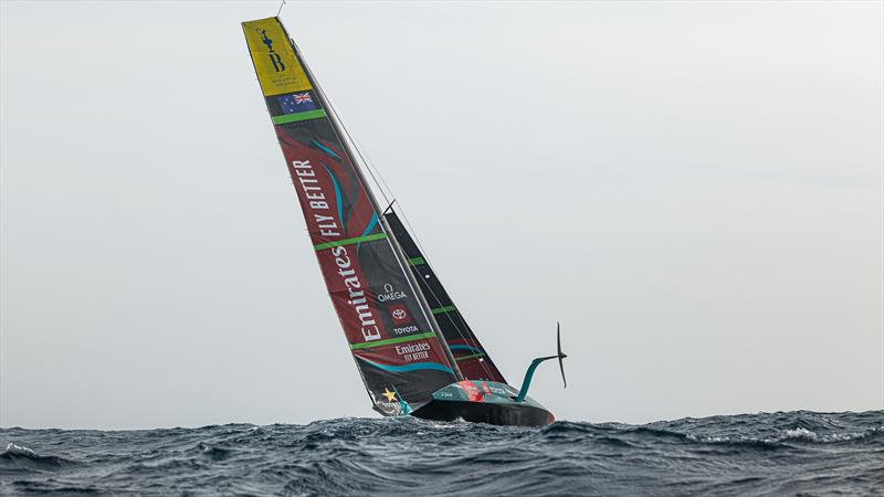 Near capsize - Emirates Team New Zealand - AC75 - Day 53 - Barcelona - October 23, 2023 photo copyright Ugo Fonolla / America's Cup taken at Real Club Nautico de Barcelona and featuring the AC75 class