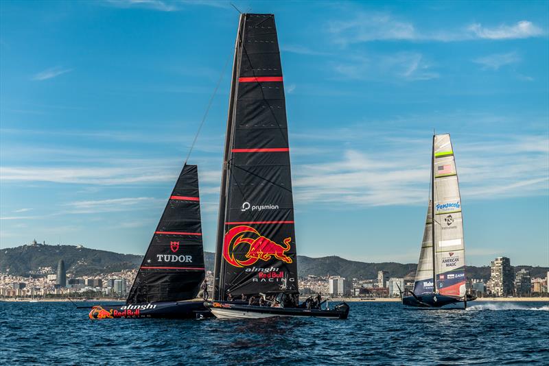 Alinghi Red Bull Racing and American Magic - AC75 - Barcelona - November 14, 2022 photo copyright Alex Carabi / America's Cup taken at Real Club Nautico de Barcelona and featuring the AC75 class