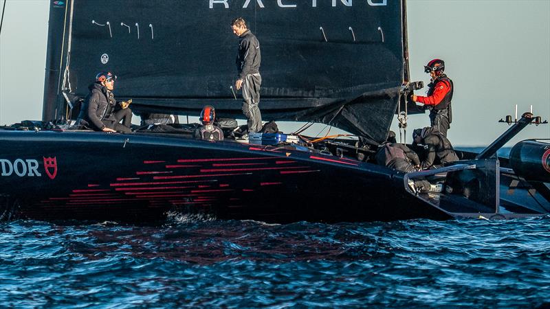 Mini boom fitted and sheeting - Alinghi Red Bull Racing - AC75 - Day 107 - Barcelona - December 14, 2023 - photo © Alex Carabi / America's Cup