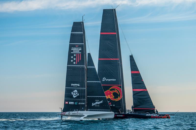 American Magic (AC40) and Alinghi Red Bull Racing (AC75) - February 1, 2024 - Barcelona photo copyright Alex Carabi / America's Cup taken at Royal Yacht Squadron and featuring the AC75 class