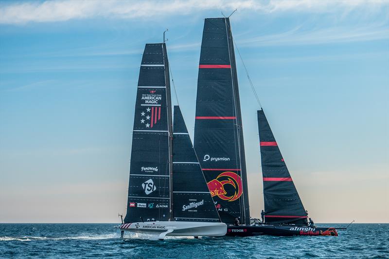 American Magic (AC40) and Alinghi Red Bull Racing (AC75) - February 1, 2024 - Barcelona - photo © Alex Carabi / America's Cup