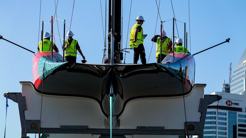 Flat underbody and deep skeg - Emirates Team New Zealand- AC75 - Day 3 - April 15, 2024 - Auckland photo copyright Sam Thom/America's Cup taken at Royal New Zealand Yacht Squadron and featuring the AC75 class