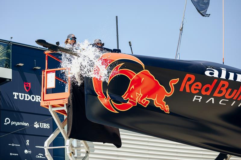 Chiara Bertarelli performed special honors at the Alinghi Red Bull Racing AC75 BoatOne Presentation at the Team Base in Barcelona, Spain on April 16, 2024 - photo © Oriol Castello