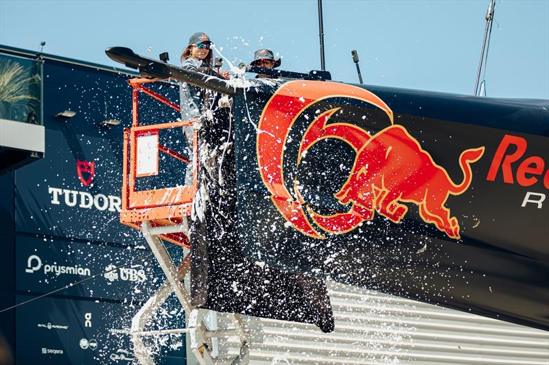 Chiara Bertarelli performed special honors at the Alinghi Red Bull Racing AC75 BoatOne Presentation at the Team Base in Barcelona, Spain on April 16, 2024 photo copyright Oriol Castello taken at Société Nautique de Genève and featuring the AC75 class