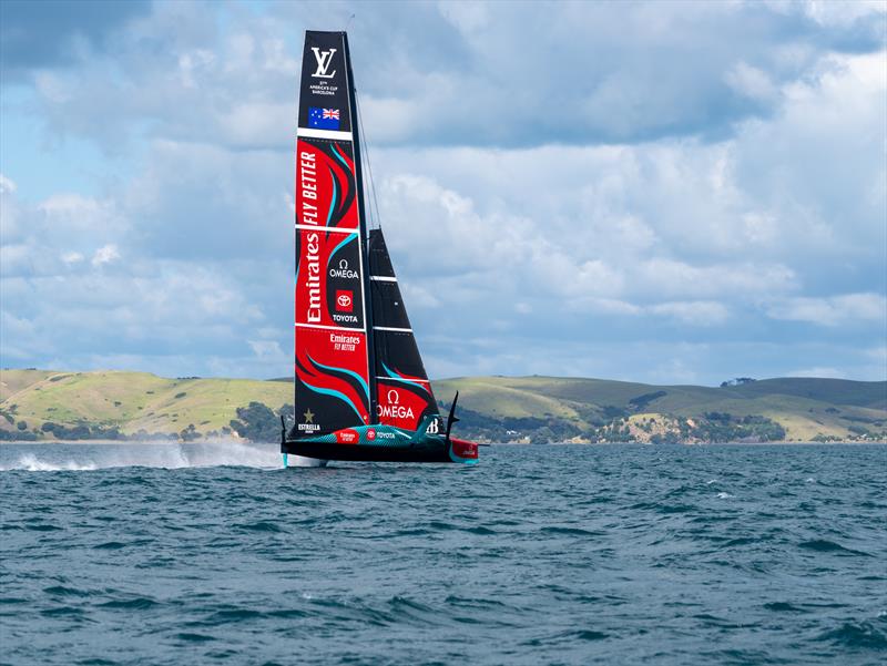 Emirates Team New Zealand new AC75 sailing on Auckland's Hauraki Gulf - April 2024 photo copyright Hamish Hooper / ETNZ taken at Royal New Zealand Yacht Squadron and featuring the AC75 class