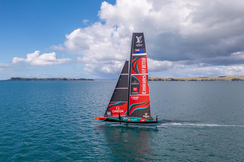 Emirates Team New Zealand's new AC75 sailing on Auckland's Hauraki Gulf - April 2024 photo copyright James Somerset/ETNZ taken at Royal New Zealand Yacht Squadron and featuring the AC75 class