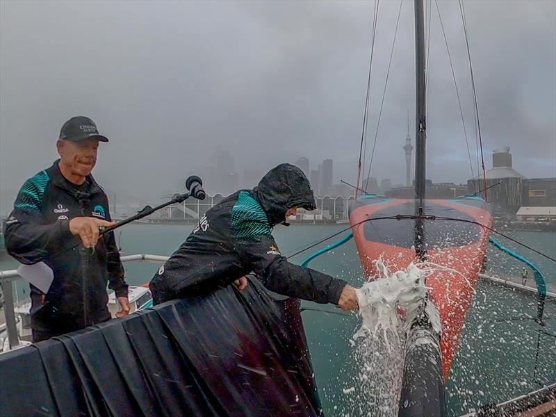 Emirates Team New Zealand new AC75 christened, in torrential rain, by former NZ Prime Minister and Patron of ETNZ, Helen Clark - April 2024 photo copyright Emirates Team NZ taken at Royal New Zealand Yacht Squadron and featuring the AC75 class
