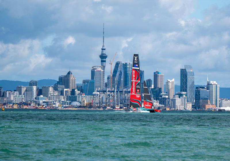 Emirates Team New Zealand new AC75 sailing on Auckland's Hauraki Gulf - April 2024 photo copyright Hamish Hooper / ETNZ taken at Royal New Zealand Yacht Squadron and featuring the AC75 class