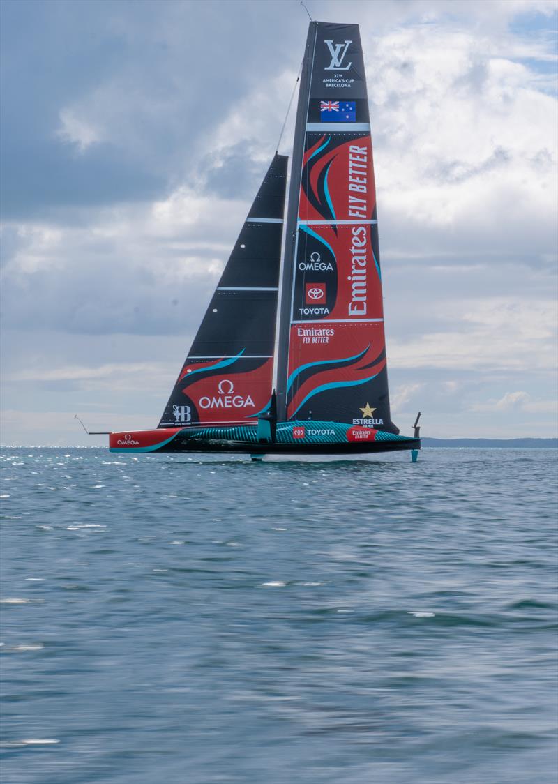Emirates Team New Zealand's new AC75 sailing on Auckland's Hauraki Gulf - April 2024 photo copyright Hamish Hooper/Emirates Team NZ taken at Royal New Zealand Yacht Squadron and featuring the AC75 class