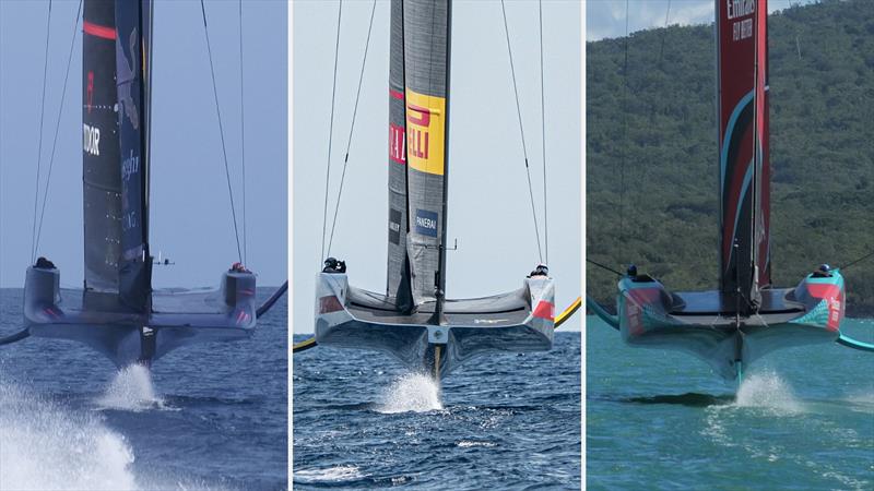 AC75 Version 2 - Stern perspectives - from left: Alinghi RBR, Luna Rossa, Emirates Team NZ photo copyright America's Cup Media taken at Real Club Nautico de Barcelona and featuring the AC75 class