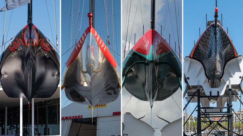 AC75 Version 2 - Bow perspectives - from left: Alinghi RBR, Luna Rossa, Emirates Team NZ, INEOS Britannia photo copyright America's Cup Media taken at Real Club Nautico de Barcelona and featuring the AC75 class