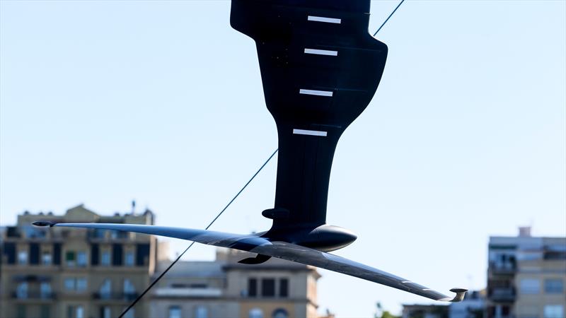 Wing Foils - The joint between custon-design Wing Foil and the one-design Foil Arm occurs just above the upper white band - Alinghi Red Bull Racing- AC75 - Day 6 - April 24, 2024 - Barcelona photo copyright Ugo Fonolla / America's Cup taken at Société Nautique de Genève and featuring the AC75 class