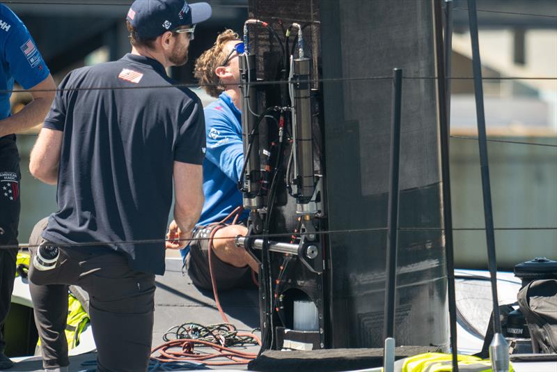 Cunningham or mainsail downhaul hydraulics - American Magic - AC75 - Day 1 - May 7, 2024 - Barcelona - photo © Alex Carabi / America's Cup