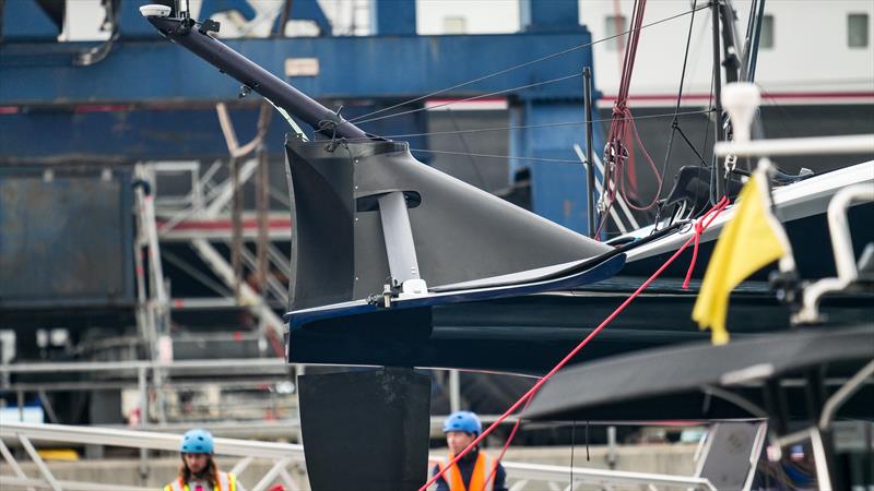 Rudder gantry - American Magic - AC75 - Day 1 - May 7, 2024 - Barcelona - photo © Alex Carabi / America's Cup