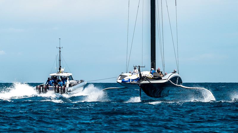 Tow test - AC75 - staying out to the side and clear of the chase boat wake - American Magic - AC75 - Day 1 - May 7, 2024 - Barcelona - photo © Alex Carabi / America's Cup