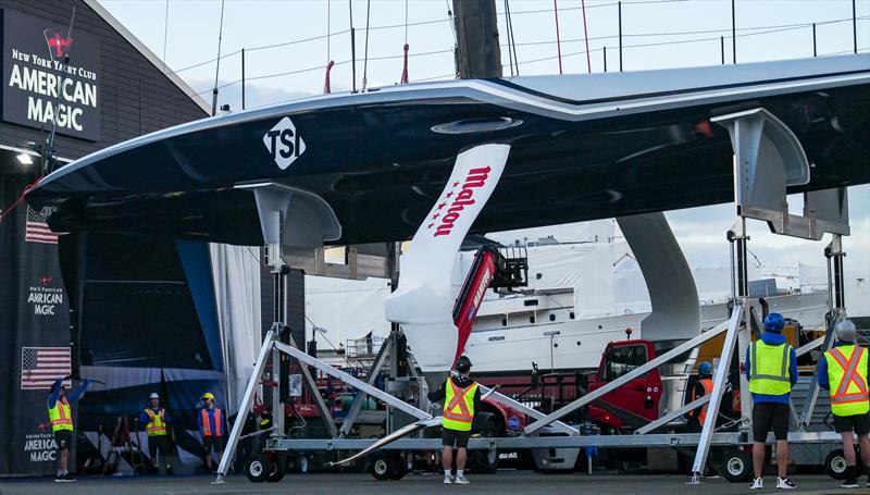 Foil arms (supplied part) and the custom designed wingfoils - American Magic - AC75 - Day 1 - May 7, 2024 - Barcelona - photo © Alex Carabi / America's Cup