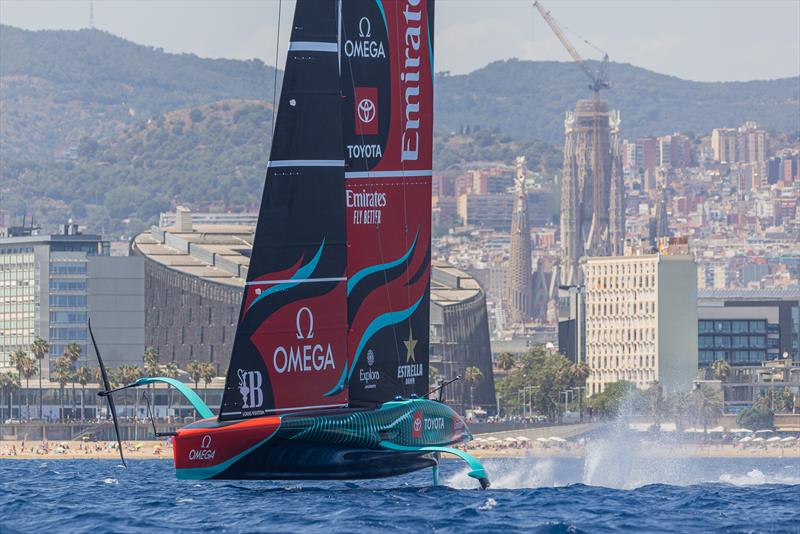 Emirates Team New Zealand sail their AC75 in Barcelona, Spain - July 2024