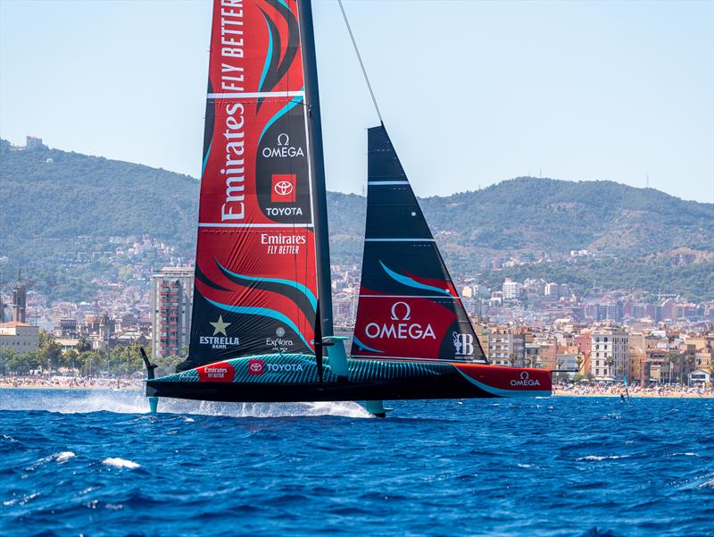 Emirates Team New Zealand sail their AC75  in Barcelona, Spain - July 2024 - photo © James Somerset/Emirates Team NZ