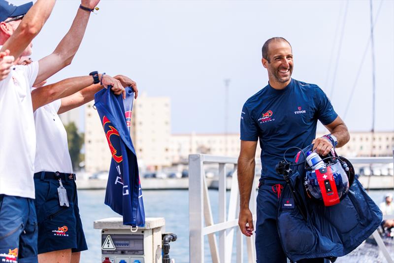 Arnaud Psarofaghis returns to the team base after winning race 1 at the Louis Vuitton Preliminary Regatta Day 1 in Barcelona, Spain. 22 August - photo © Alinghi Red Bull Racing
