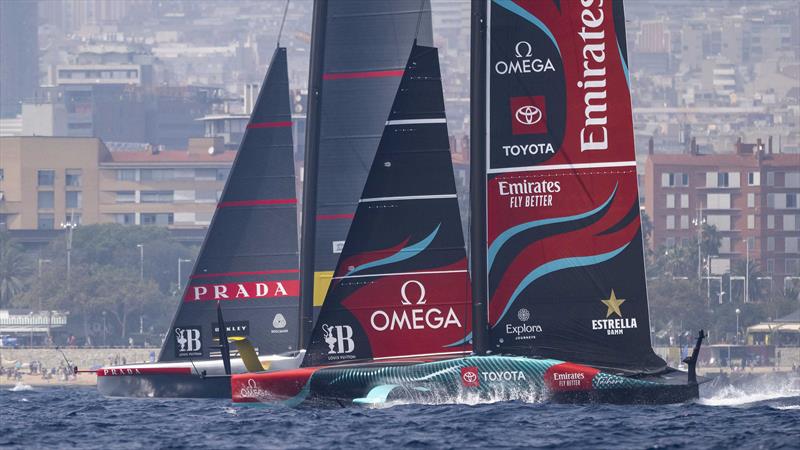 Emirates Team NZ and Luna Rossa Prada Pirelli on day 1 of the Louis Vuitton Preliminary Regatta Barcelona - 22nd August 2024 - photo © David Maynard / www.alleycatphotographer.com
