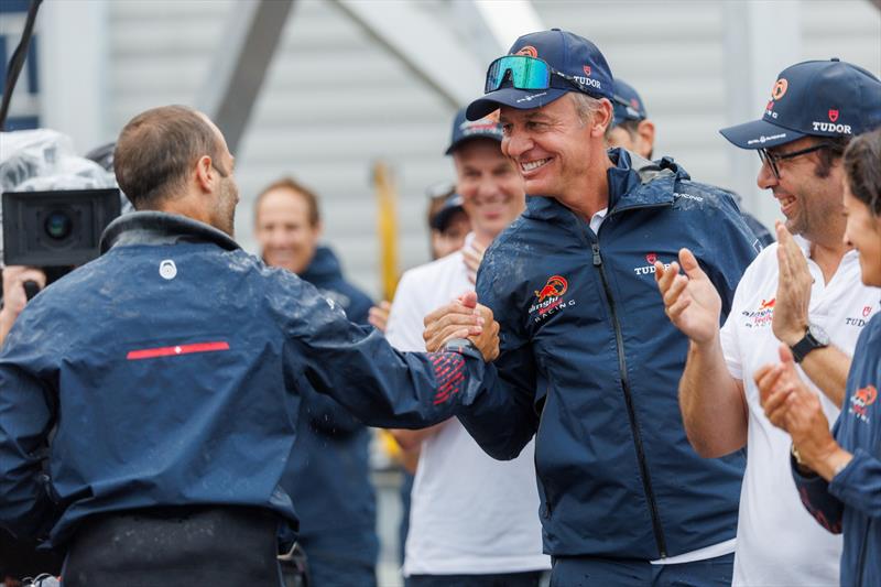 Ernesto Bertarelli celebrates with Arnaud Psarofaghis the race win on Day 1, Louis Vuitton Cup Round Robin 2 in Barcelona, Spain. 3 September - photo © Alinghi Red Bull Racing / Samo Vidic