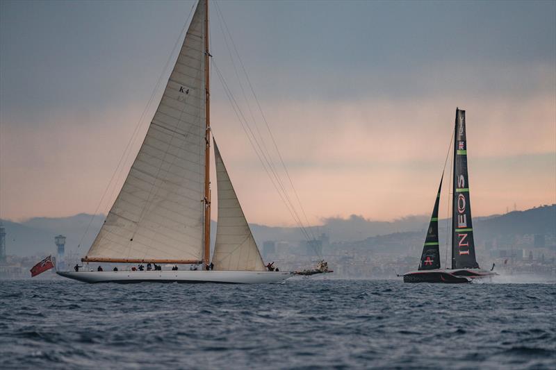 Cambria a 41.15 meter yacht designed and built by William Fife III in 1928 sailing alongside AC75 Britannia on Louis Vuitton Cup Round Robin Day 5 - photo © Cameron Gregory / INEOS Britannia