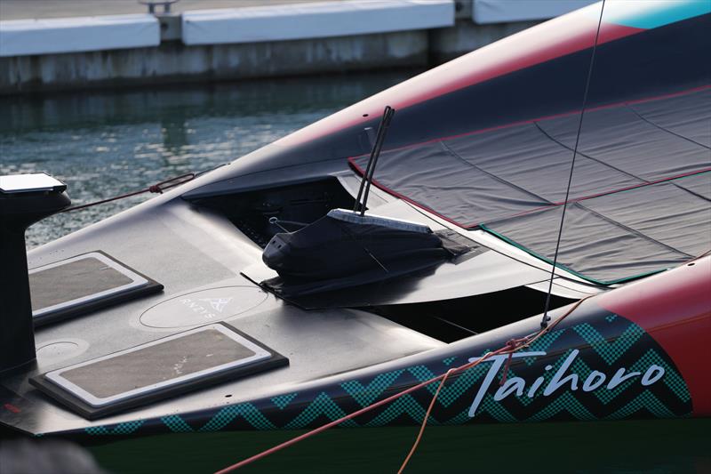The mainsheet control slides with its own deck section - the rectangular `step here` pads are removed on dock-out - Emirates Team New Zealand, Taihoro, AC75, Day 3 - March 19, 2026 - photo © Sam Thom / America's Cup