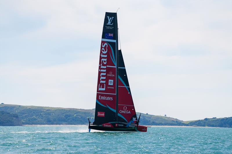 Flying low - the rig and hull form an endplate with the surface of the water - Emirates Team New Zealand, Taihoro, AC75, Day 3 - March 19, 2026 - photo © Sam Thom / America's Cup