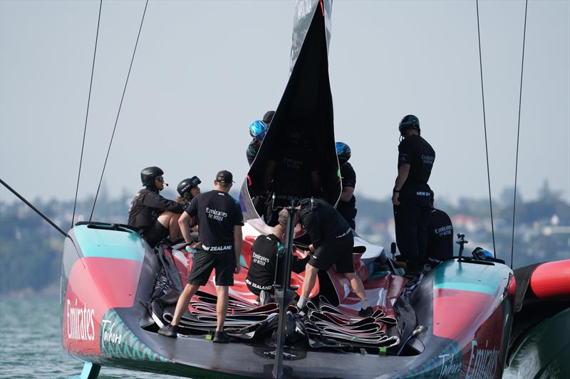Raising the two-skin mainsail - Emirates Team New Zealand, Taihoro, AC75, Day 3 - March 19, 2026 - photo © Sam Thom / America's Cup