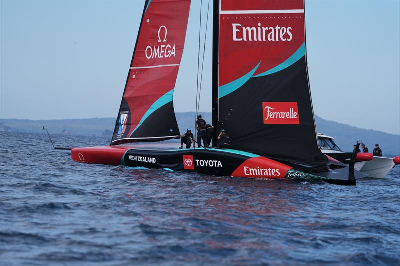 The mainsail forms and endplate with the deck - Emirates Team New Zealand, Taihoro, AC75, Day 3 - March 19, 2026 - photo © Sam Thom / America's Cup