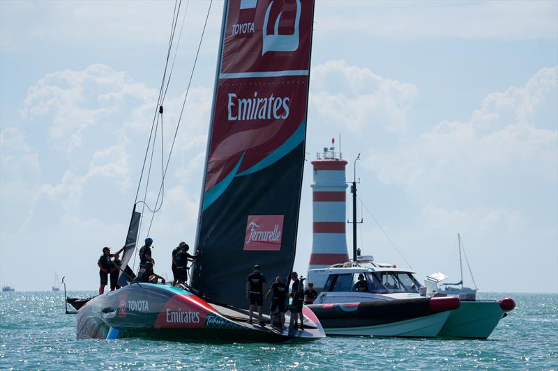 Hoisting by Rangitoto Beacon - Emirates Team New Zealand, Taihoro, AC75, Day 4 - March 21, 2026 - photo © Sam Thom / America's Cup