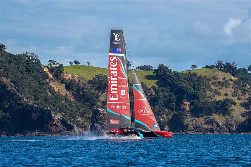 Foiling past Waikeke Island- Emirates Team New Zealand -  AC75 - Day 13 - August 28, 2026 - photo © Sam Thom / America's Cup