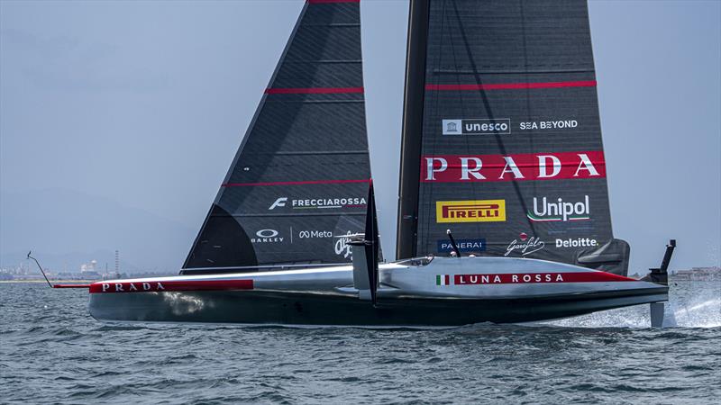 Bow down trim is near - perfect - the keel line kicks up in the aft section to  reduce drag as the hull pops onto the foils - Day 7 - Luna Rossa (ITA) - July 1, 2026 - Cagliari, Sardinia - photo © Ivo Rovira