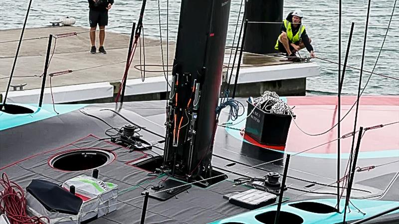Mast base and Cunningham (Downhaul) rams - Emirates Team New Zealand - March 13, 2026 - Auckland photo copyright Sam Thom/America's Cup taken at Royal New Zealand Yacht Squadron and featuring the AC75 class