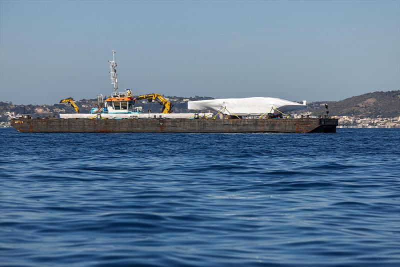 La Roche-Posay Racing Team's AC75 arrives on a barge in Naples - September 24, 2026 - photo © America's Cup Media