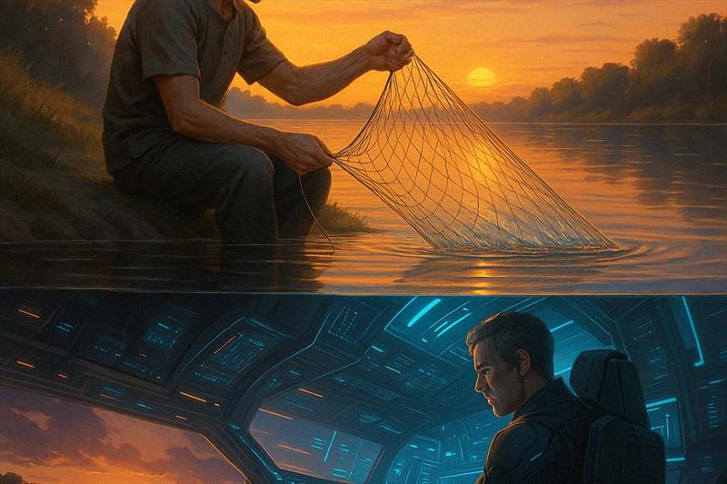 Two worlds, one gesture. On the riverbank, Marcel tends his net. Beneath the surface, in another reality, he tends to <i>The Charybdis</i>   - photo © Pierre-Jean Cottalorda