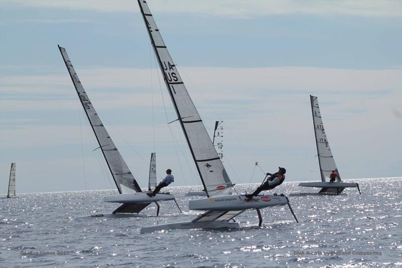 The leaders aproach the top mark on day 2 of the A Class Cat Worlds at Punta Ala photo copyright Gordon Upton taken at Centro Velico Punta Ala and featuring the A Class Catamaran class
